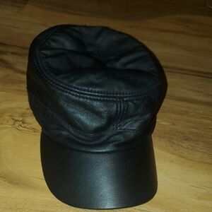 Black Genuine Leather Cadet Cap Size Medium- Large Ball cap With Bill